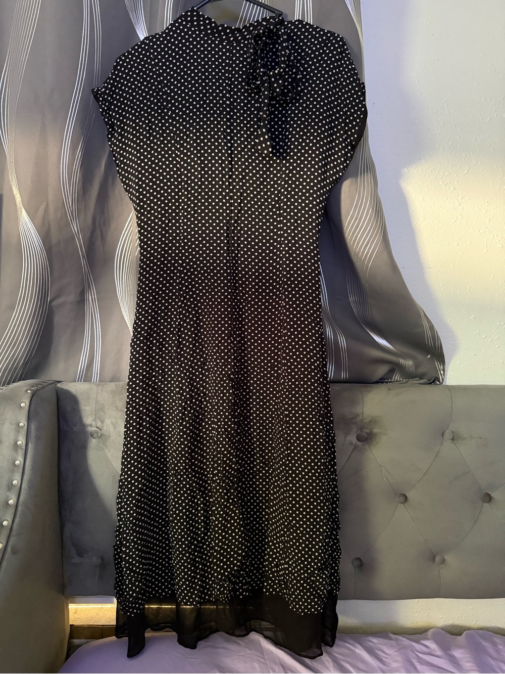 Zara Black and White Polka Dot Tie-Neck Midi Dress